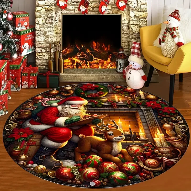 Christmas Snowman Round Rug Doormat Red Hat Circular Rug Anti Fouling Anti Slip Rug Retro Perfect Choice for Holiday Home Decor