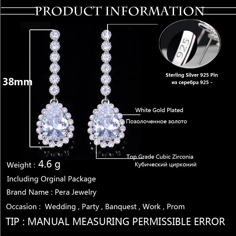 Pera Classic Big Water Drop Cubic Zirconia Silver Color Jewelry Women Long Royal Blue Earrings for Bridal Engagement Party E328