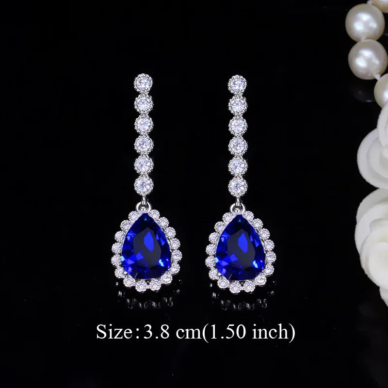 Pera Classic Big Water Drop Cubic Zirconia Silver Color Jewelry Women Long Royal Blue Earrings for Bridal Engagement Party E328