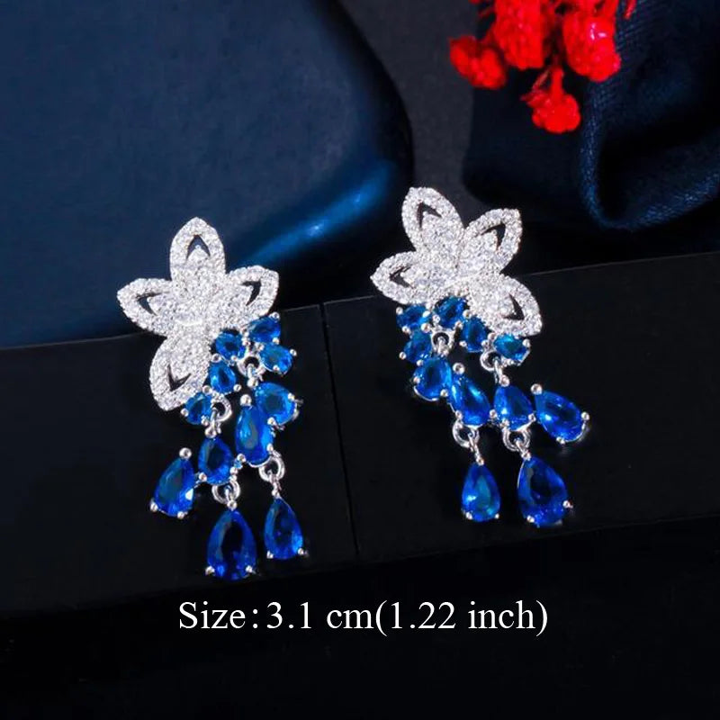 Pera Classic Big Water Drop Cubic Zirconia Silver Color Jewelry Women Long Royal Blue Earrings for Bridal Engagement Party E328