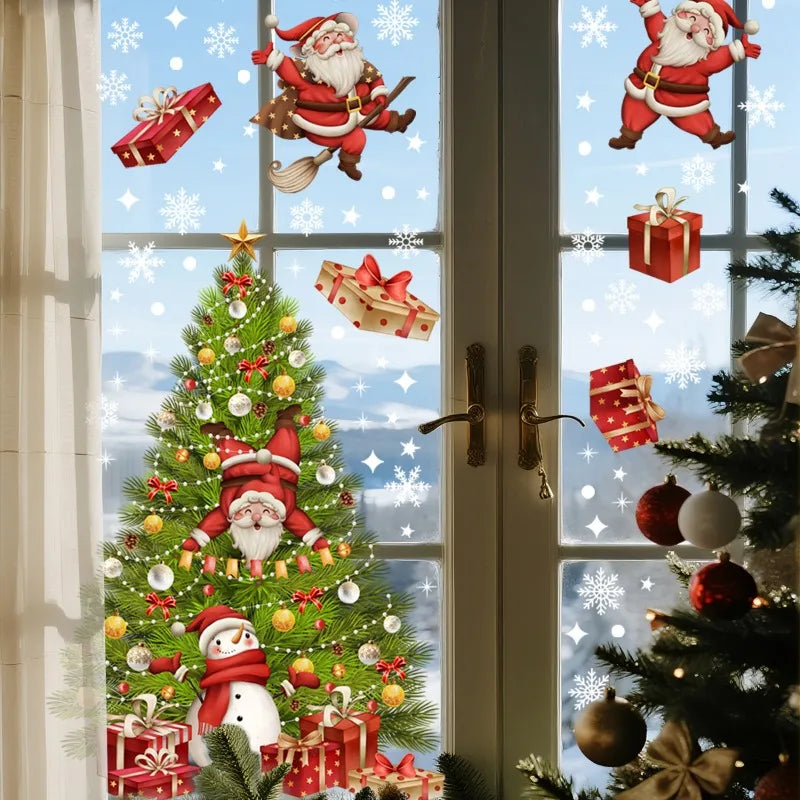 2026 New Christmas Santa Claus Tree Snowman Gifts Snowflake Window Stickers Double-Sided Glass Decals for Holiday Home Decor