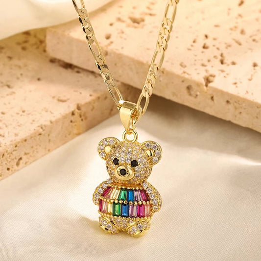 Fashion Personality Bear Pendant Copper Plated 14K Gold Necklace Women's Niche Design Fashion Jewelry Gift