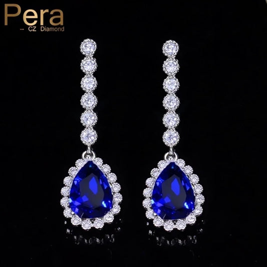 Pera Classic Big Water Drop Cubic Zirconia Silver Color Jewelry Women Long Royal Blue Earrings for Bridal Engagement Party E328