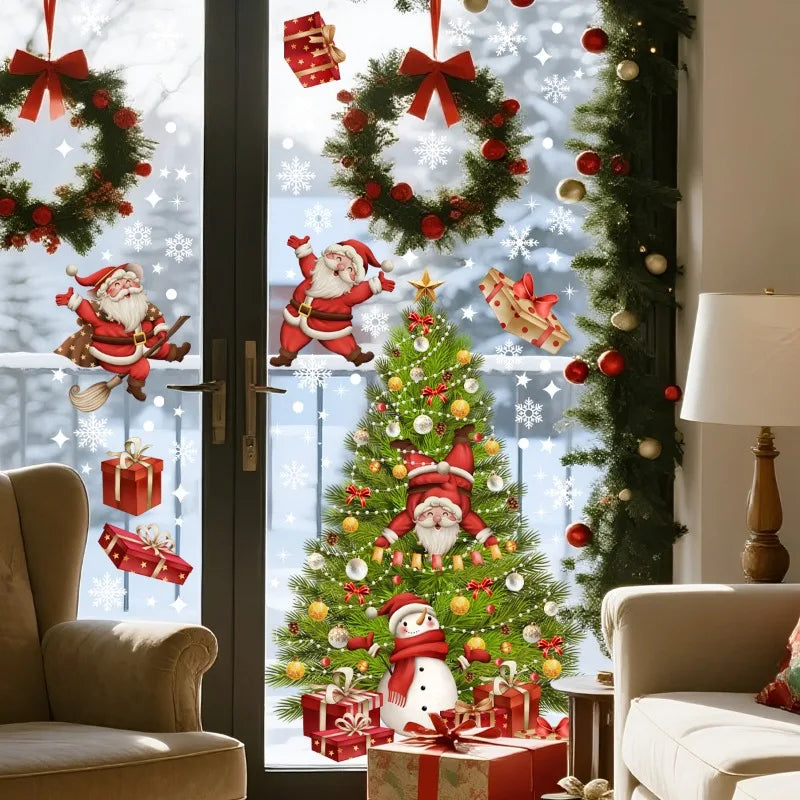 2026 New Christmas Santa Claus Tree Snowman Gifts Snowflake Window Stickers Double-Sided Glass Decals for Holiday Home Decor
