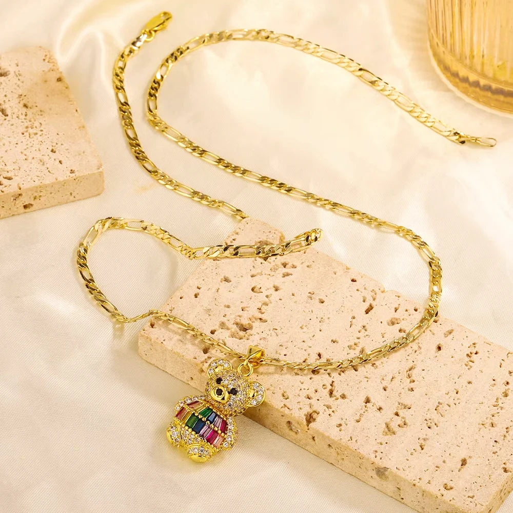 Fashion Personality Bear Pendant Copper Plated 14K Gold Necklace Women's Niche Design Fashion Jewelry Gift