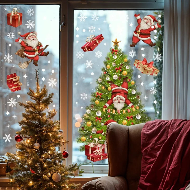 2026 New Christmas Santa Claus Tree Snowman Gifts Snowflake Window Stickers Double-Sided Glass Decals for Holiday Home Decor